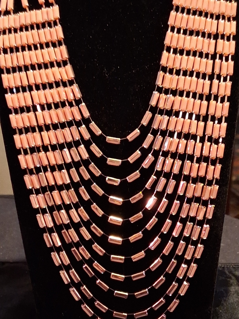 Vintage 11 Strand Peach Beaded Statement Necklace Mid Century Mod Light Beveled
